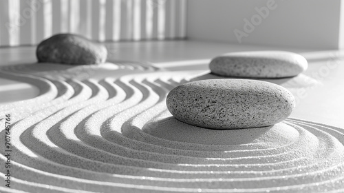A soothing image of a minimalist zen garden, with raked sand and neatly arranged stones. photo