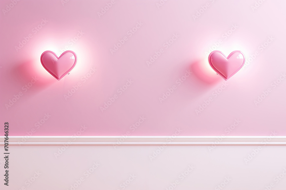 Abstract valentine's day background - pink wall with lamps in shape of hearts - copy space for text
