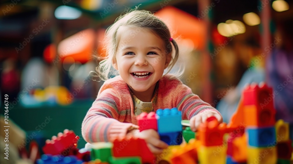 child playing with colorful building blocks in the school's play area - obrazy, fototapety, plakaty 
