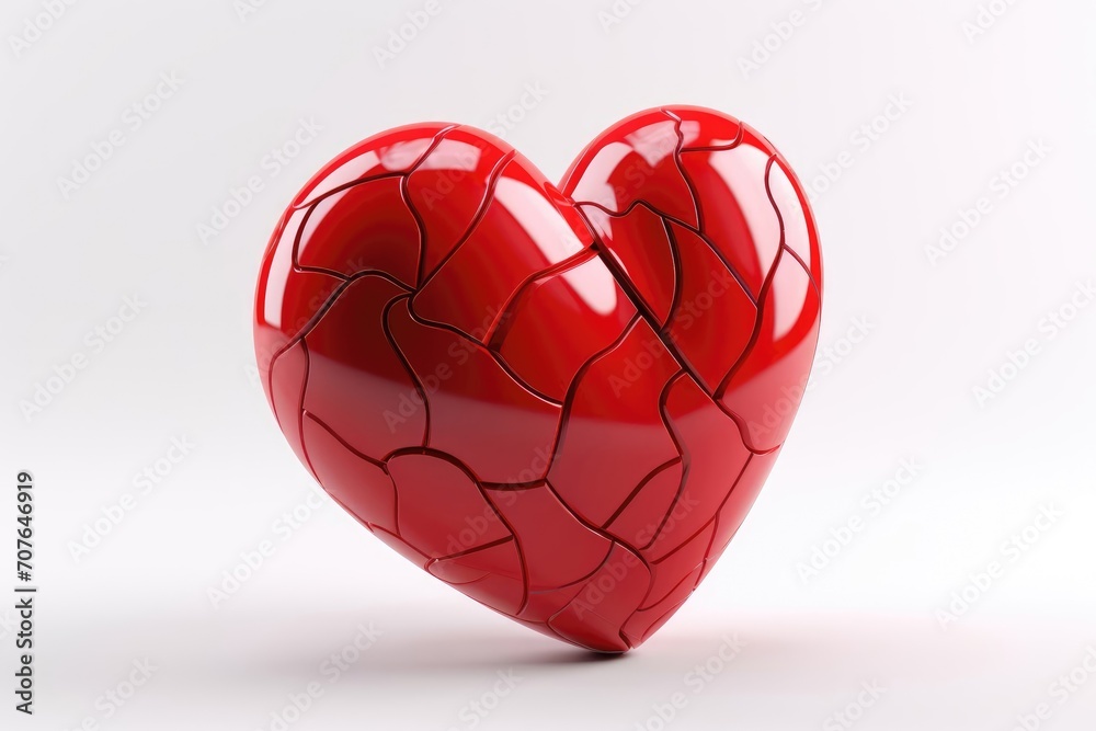 Red glass broken heart. Red shiny heart with cracks on an isolated background. 3d rendering. 3D Illustration Red glass broken heart. Red shiny heart with cracks on an isolated background. 3d rendering. 3D Illustration