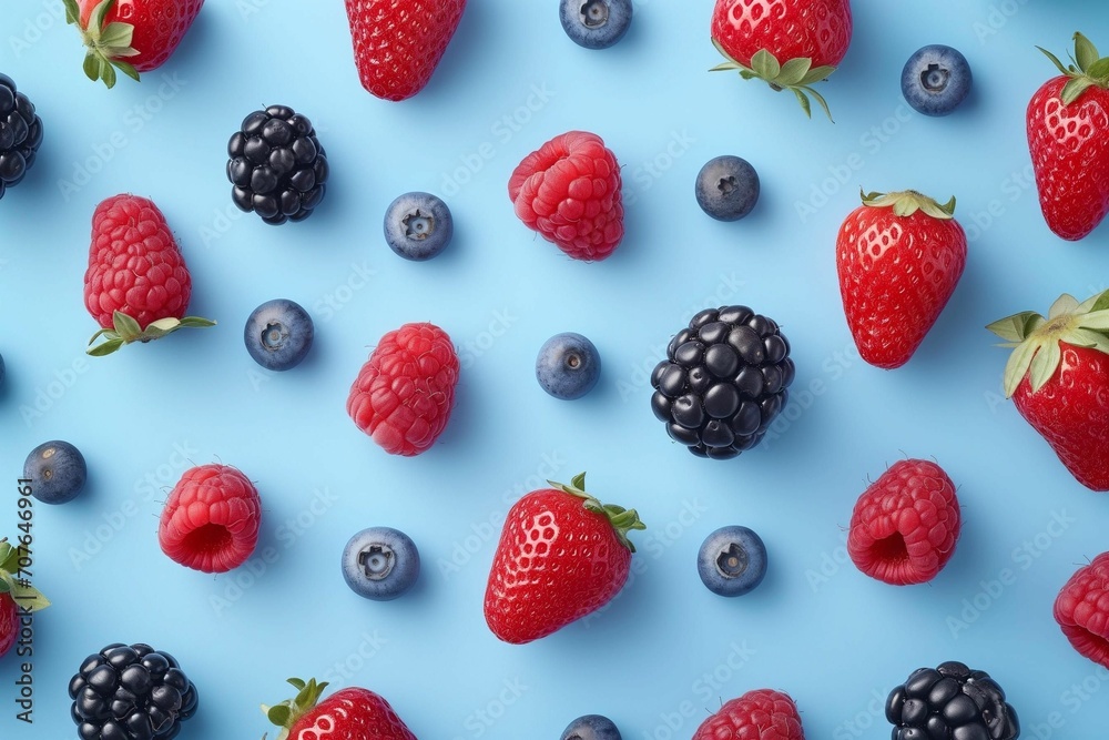 Fresh berries pattern on blue background 2 generative ai Fresh berries pattern on blue background 2 generative ai