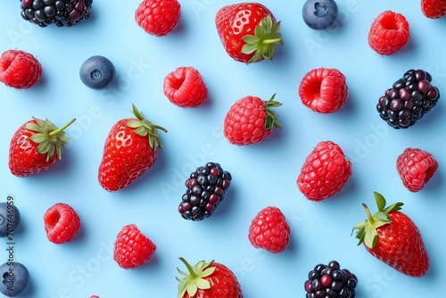 Fresh berries pattern on blue background 1 generative ai