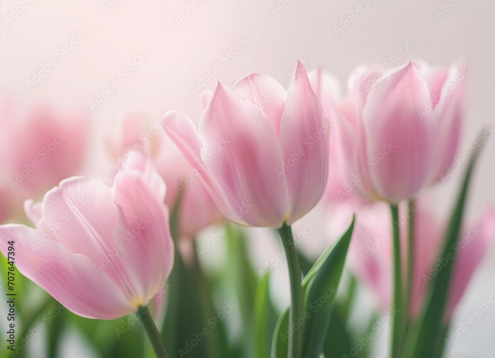 Fototapeta premium Pink tulips on a light pastel background