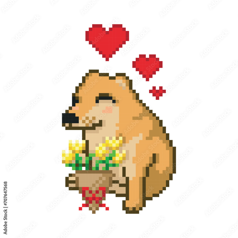 Dog with a bouquet of yellow flowers, pixel