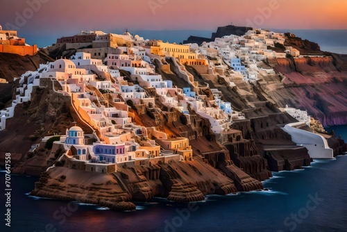 A serene sunset over the caldera cliffs of Santorini, with the pastel-colored buildings glowing against the fading light. The sea reflects the warm hues of the sky.