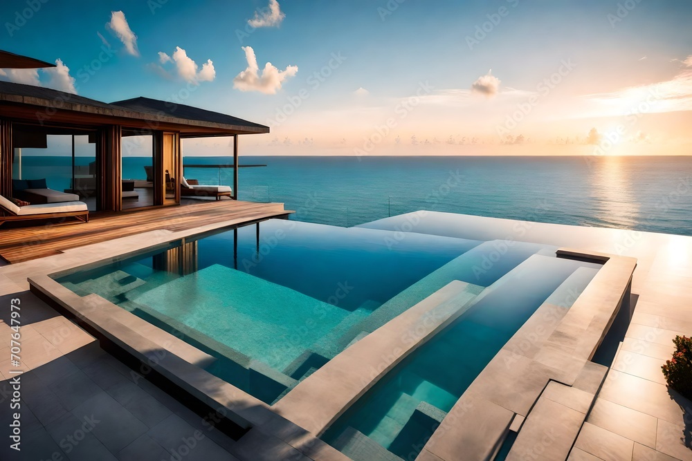 A luxurious overwater villa with a private infinity pool, offering a stunning view of the ocean that fades into the horizon at sunset. A luxurious overwater villa with a private infinity pool, offering a stunning view of the ocean that fades into the horizon at sunset.