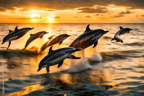 A pod of playful dolphins leaping joyfully out of the water, creating splashes and ripples in the sea under the golden light of the setting sun.