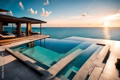 A luxurious overwater villa with a private infinity pool, offering a stunning view of the ocean that fades into the horizon at sunset. © Tae-Wan