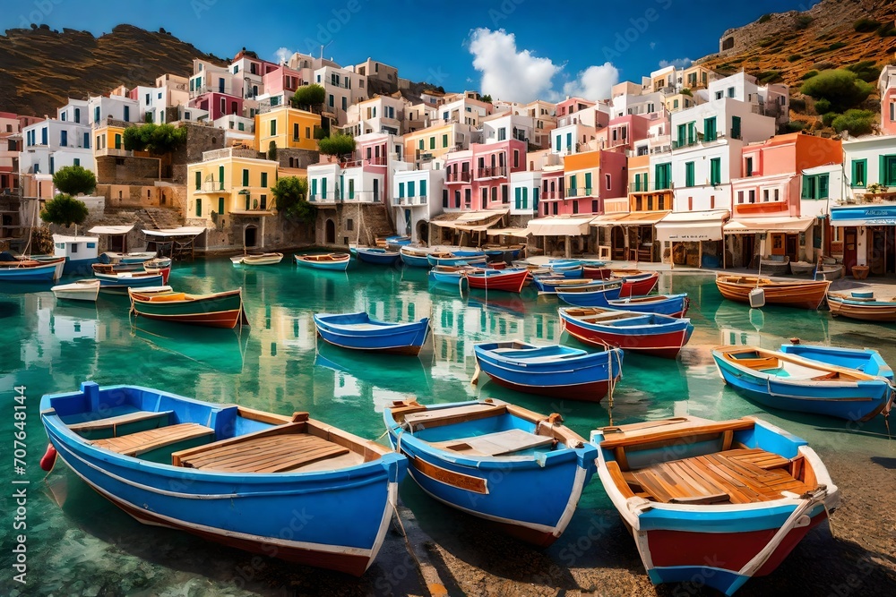 A tranquil morning scene at Amoudi Bay, with fishing boats gently bobbing in the harbor, surrounded by colorful buildings and the pristine waters of the Mediterranean.
