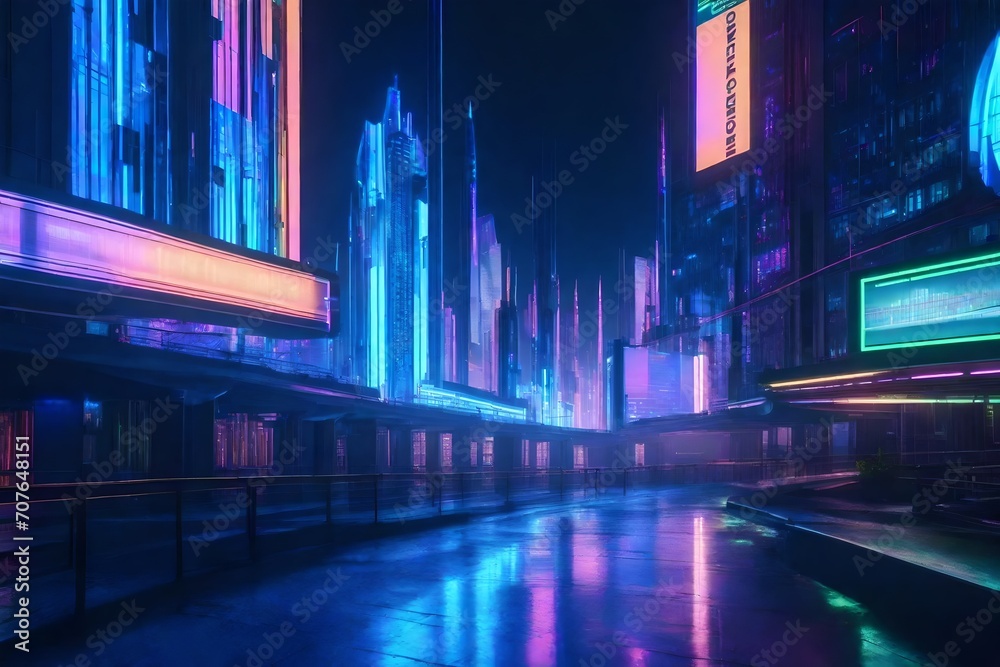 A futuristic cityscape with holographic billboards and glowing pathways, giving the impression of a city alive even in the late hours.