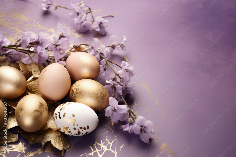 Spring background with gold purple, lilac, Easter eggs and fresh flowers. copy space, space for text