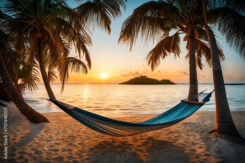 A hammock swaying gently between two palm trees on a secluded island, overlooking a tranquil lagoon kissed by the first light of dawn. © Tae-Wan