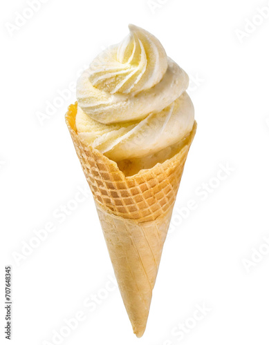 Ice cream swirl on waffle cone on white background