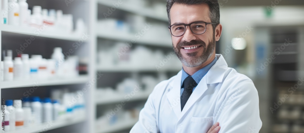 Smiling of pharmacist and drugs working at pharmacy store