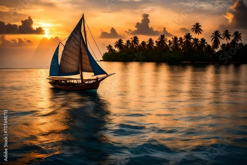 A traditional Maldivian dhoni sailing gracefully across the tranquil waters, with its sails catching the gentle breeze against a backdrop of a radiant sunset.