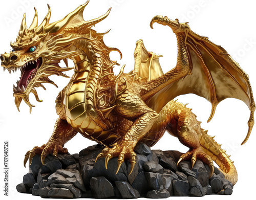 Golden dragon statue, Chinese lucky animal symbol, with PNG transparent background. © Danfuadhy