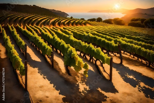 A picturesque vineyard terrace overlooking the sea, with rows of grapevines casting long shadows in the late afternoon sun.