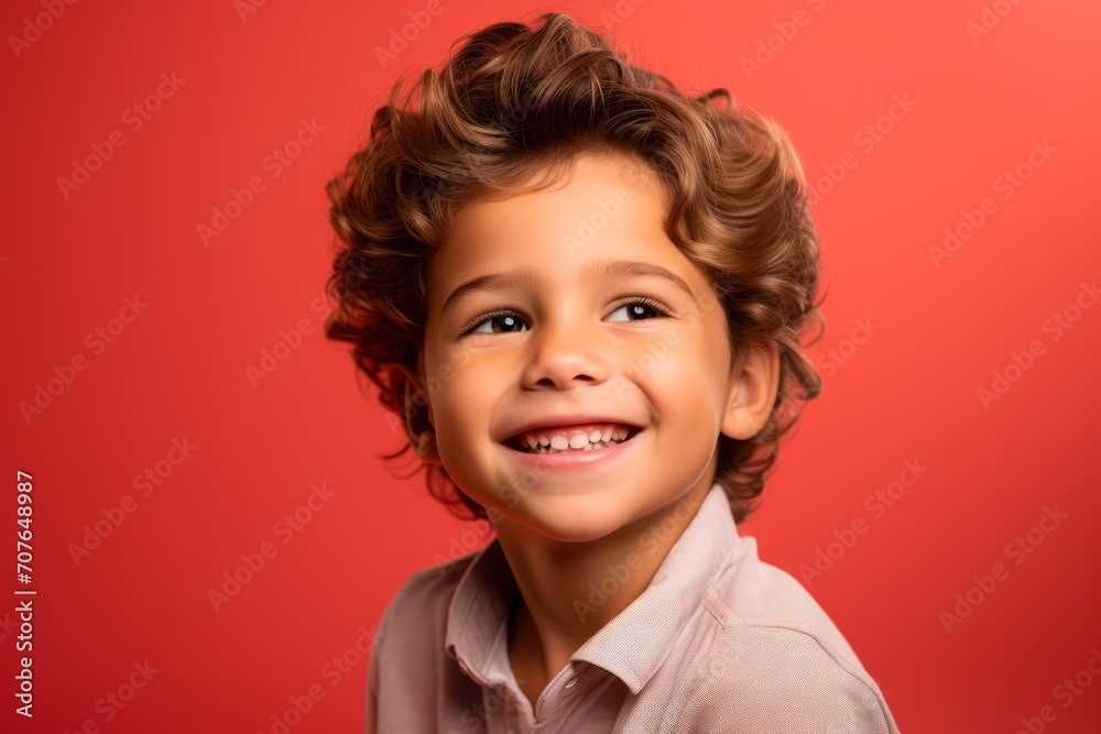 Portrait of a cute little boy with curly hair on a red background Portrait of a cute little boy with curly hair on a red background