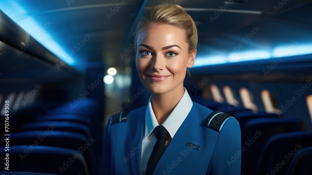 Smiling female flight attendant in uniform in aircraft cabin, Air hostess friendly airline employee, pleasant service for airline passengers, Cabin Crew Smiling female flight attendant in uniform in aircraft cabin, Air hostess friendly airline employee, pleasant service for airline passengers, Cabin Crew