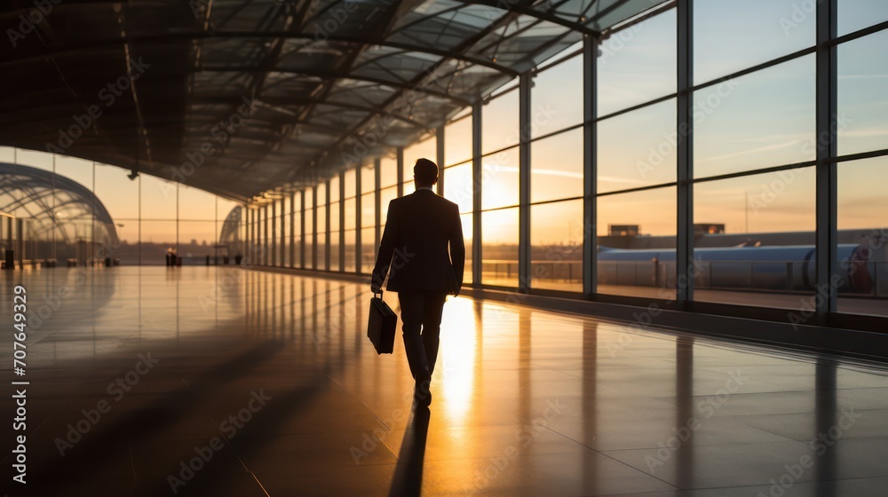 Businessman walking with travel bag along at airport sunlight, business trip, corporate and people concept, sunlight