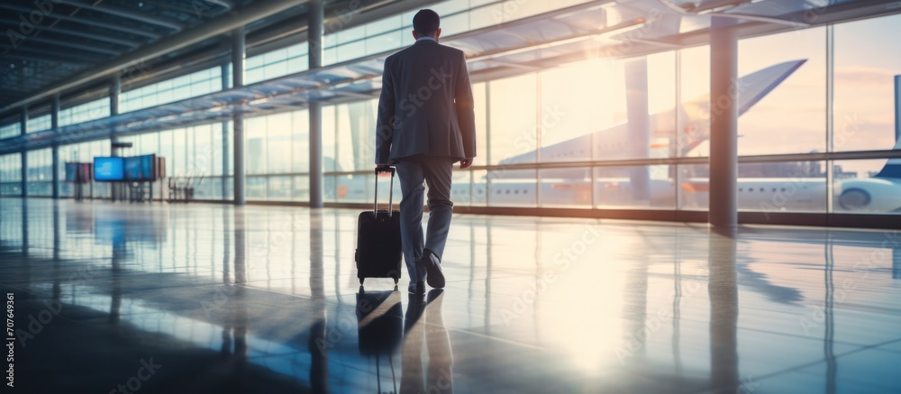 Businessman walking with travel bag along at airport sunlight, business trip, corporate and people concept, sunlight