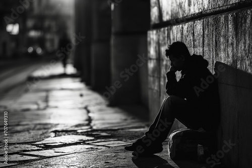 A monochrome image capturing a downtrodden man sitting against a wall, during the night photo