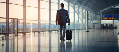 Businessman walking with travel bag along at airport sunlight  business trip  corporate and people concept  sunlight