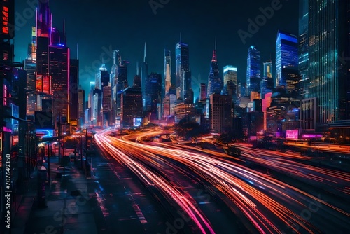 A bustling city skyline at night, illuminated by the vibrant colors of neon lights and the blurred streaks of passing cars.