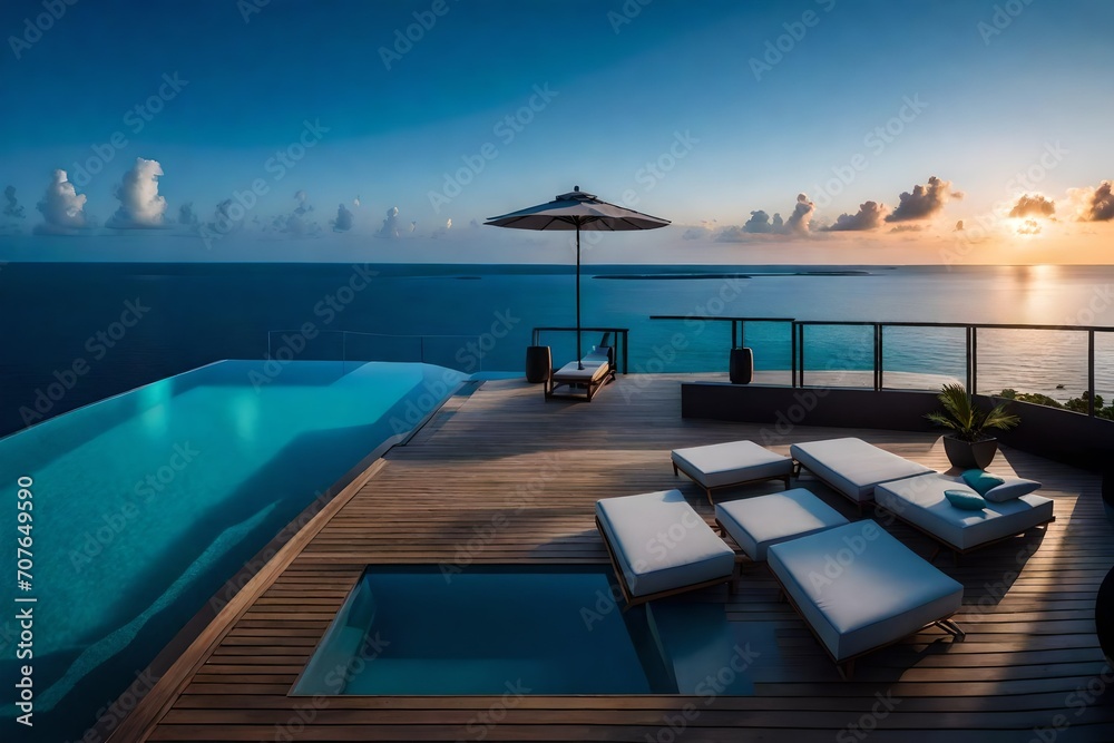 A luxurious overwater villa with a private infinity pool, offering a stunning view of the ocean that fades into the horizon at sunset.