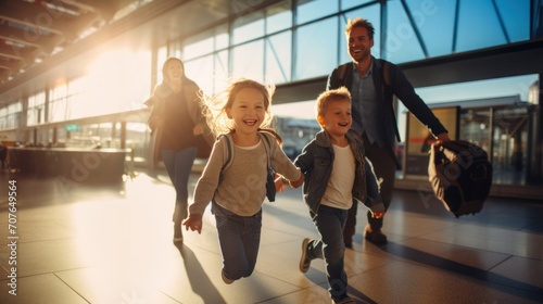 Happy family traveler go to airport gate, family with travel bag excited for traveler trip photo