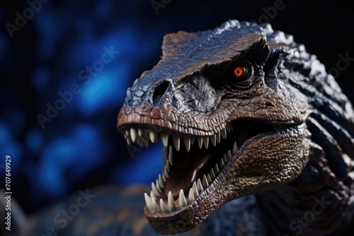 Close-up of a realistic Tyrannosaurus Rex model against a dark blue background  showing detailed texture and fierce expression.