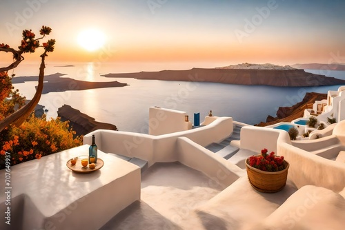 A secluded spot overlooking the Caldera, capturing the tranquil beauty of Santorini as the sun dips below the horizon, casting a golden glow on the sea.