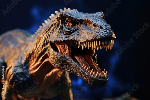 Close-up of a realistic Tyrannosaurus Rex model against a dark blue background, showing detailed texture and fierce expression. © Virtual Art Studio