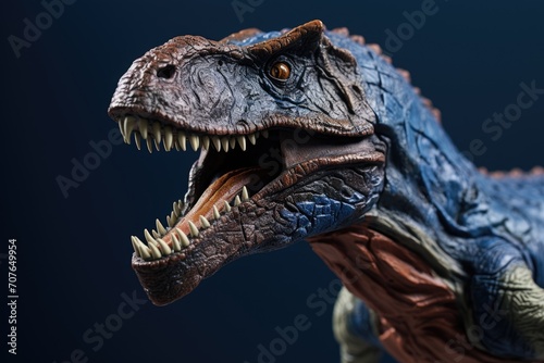 Close-up of a realistic Tyrannosaurus Rex model against a dark blue background, showing detailed texture and fierce expression. photo