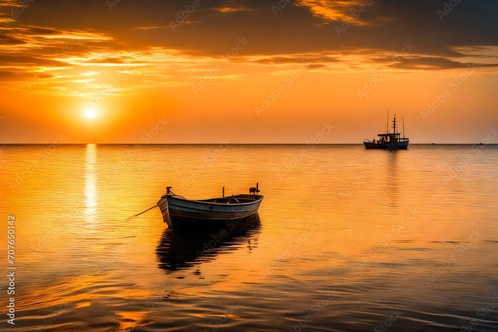A peaceful sunrise over the horizon, casting a soft golden glow on the calm waters, while a lone fishing boat sets out for the day's catch.