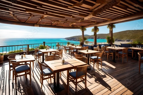 A charming seaside cafe with tables set on a wooden deck  offering guests a panoramic view of the ocean and a serene atmosphere to enjoy.
