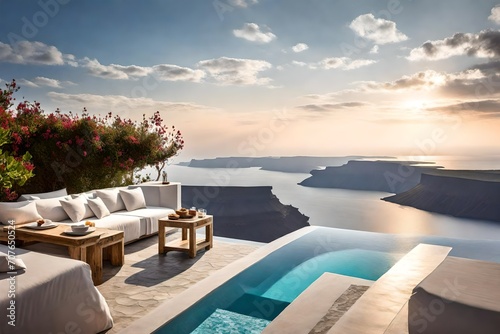 A cliffside villa perched on the edge of the Caldera, offering breathtaking views of the sea and the iconic Santorini sunset, creating a picturesque setting.