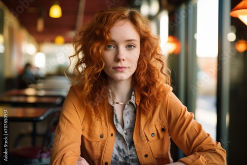 Portrait of a beautiful young redhead woman in a cafe.