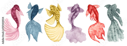 Collection of watercolor fish.Simple, stylized style.Solid color sea animals.Underwater world of marine wildlife for clipart.Ocean and sea.Hand drawn illustration.