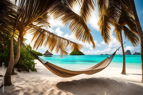 A secluded beach alcove with powdery white sand  flanked by gently swaying palm trees and an inviting hammock overlooking the turquoise waters.