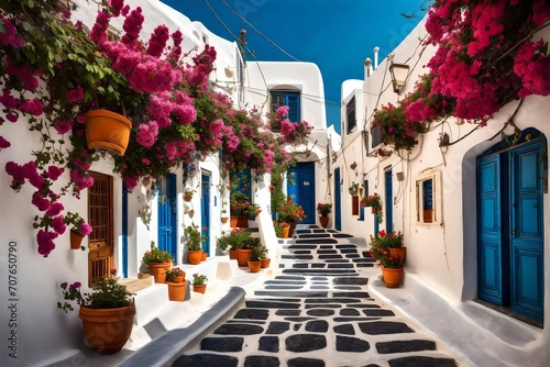 A quiet alleyway in Fira adorned with blooming flowers, traditional Cycladic architecture, and glimpses of the Aegean Sea in the distance.
