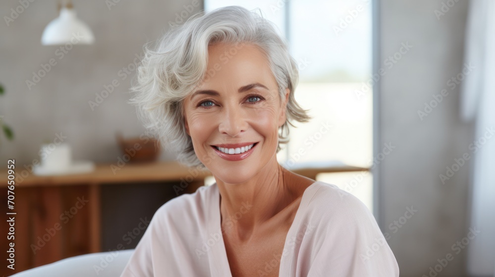 Fototapeta premium Portrait smiling senior female at modern beauty clinic, Surgery Clinic, Medical and beauty industry