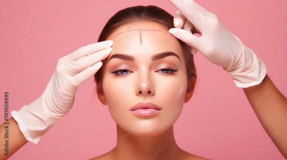 Beautiful woman wearing medical scrubs, isolated on pink background. Place holder, copy space banner for medical and beauty industry Beautiful woman wearing medical scrubs, isolated on pink background. Place holder, copy space banner for medical and beauty industry