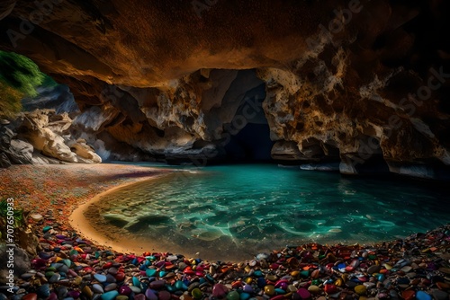 A hidden cave opening onto a secluded beach, adorned with colorful pebbles and embraced by towering cliffs.