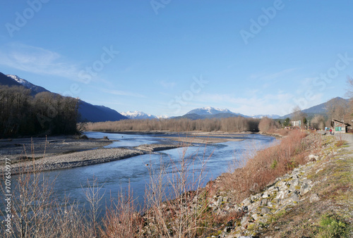 Beautiful view of the Squamish River during a fall season at the Brackendale Eagle Run vista point in Squamish, British Columbia, Canada