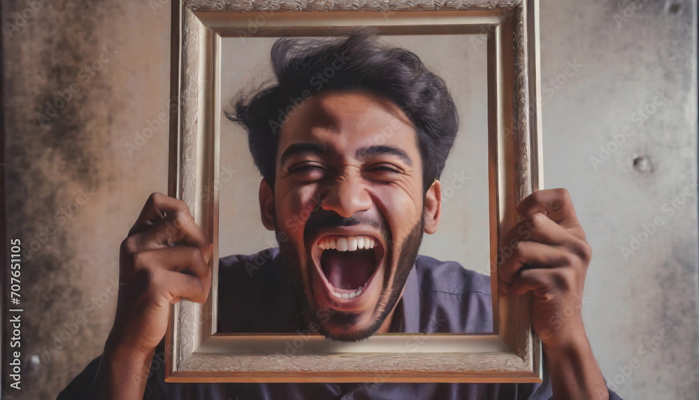 man holds a picture frame in front of his face and screams through it, mouth open, depression man holds a picture frame in front of his face and screams through it, mouth open, depression