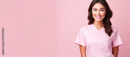 Beautiful woman wearing medical scrubs, isolated on pink background. Place holder, copy space banner for medical and beauty industry
