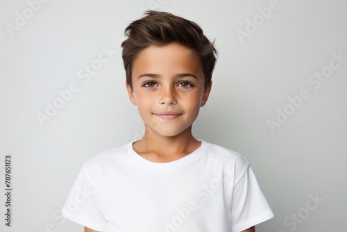smiling little boy in blank white t-shirt over grey background