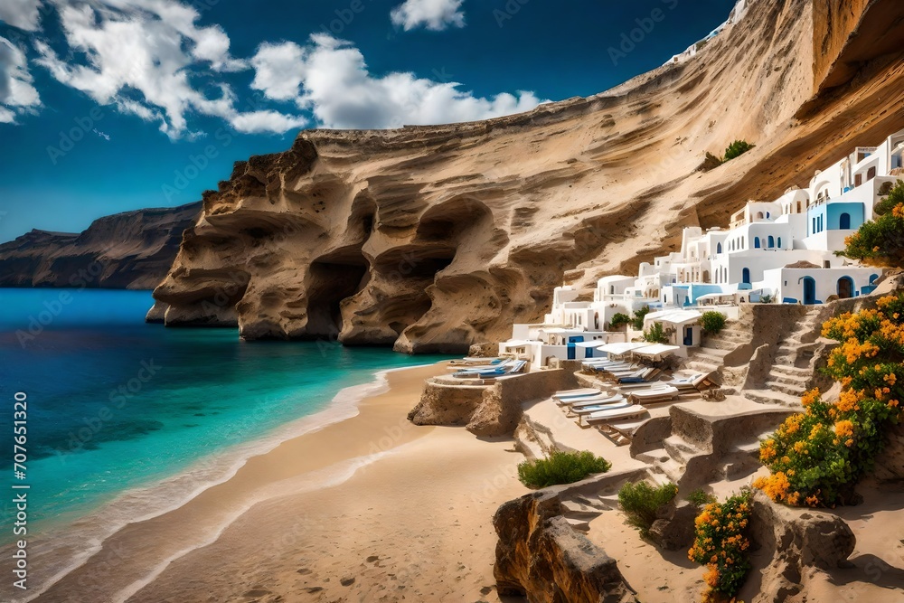 A secluded beach with pristine golden sands and crystal-clear waters framed by dramatic cliffs, inviting relaxation and tranquility in Santorini.