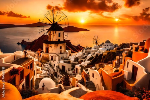 A panoramic view capturing the silhouette of windmills against the backdrop of a vivid Santorini sunset, the sky ablaze with warm tones, creating a serene and picturesque scene.